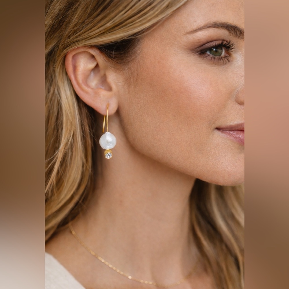 Baroque Pearl Dangle Earrings 24K Gold Plated CZ Handmade Artisan - Picture 2 of 8